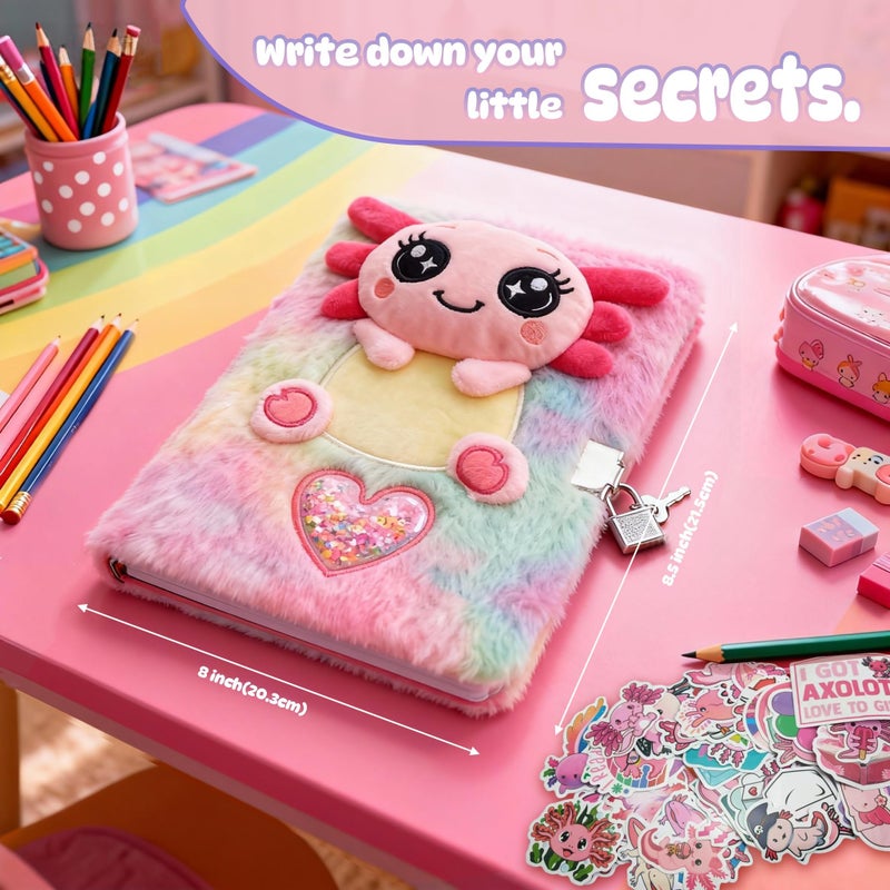 Kipwake Axolotl Gift Set for Girls - Cute Axolotl-Themed Toy Box with Fluffy Diary, Stickers,Pen, Crocheted Stuffed Animal, Pink Purse, Necklace, Keychain, and More Axolotl Stuff - Birthday Gifts for Kids - Image 4