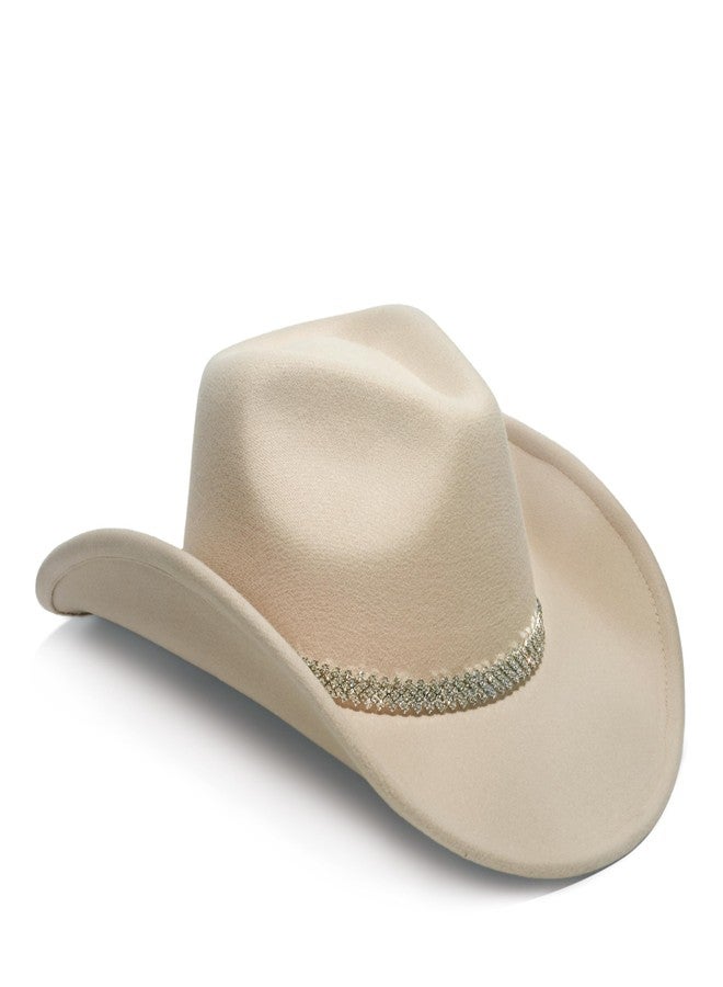 YOUBADU Faux Suede Felt Western Cowboy Hat for Women or Men, Wide Brim, Rivet Strap, Rhinestone Beige, M/One size - Image 2