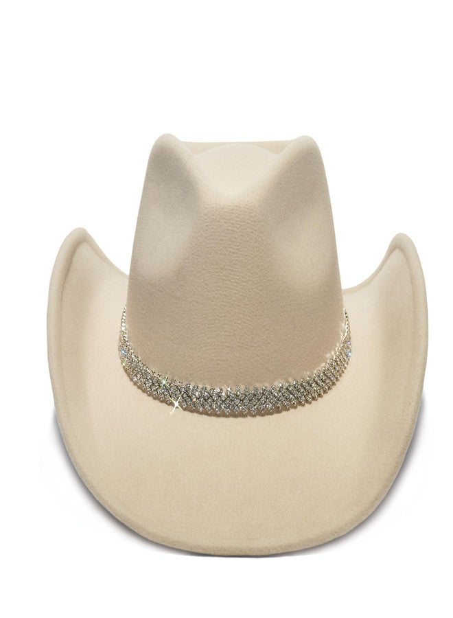 YOUBADU Faux Suede Felt Western Cowboy Hat for Women or Men, Wide Brim, Rivet Strap, Rhinestone Beige, M/One size - Image 3