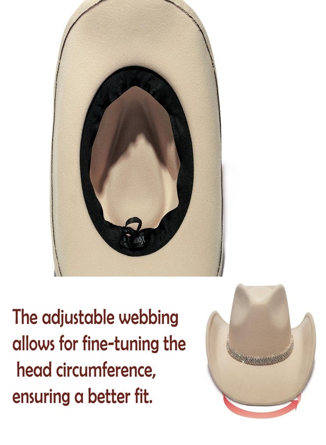 YOUBADU Faux Suede Felt Western Cowboy Hat for Women or Men, Wide Brim, Rivet Strap, Rhinestone Beige, M/One size - Image 4