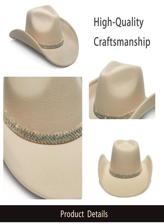 YOUBADU Faux Suede Felt Western Cowboy Hat for Women or Men, Wide Brim, Rivet Strap, Rhinestone Beige, M/One size - Image 5