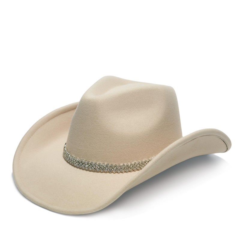 YOUBADU Faux Suede Felt Western Cowboy Hat for Women or Men, Wide Brim, Rivet Strap, Rhinestone Beige, M/One size - Image 1
