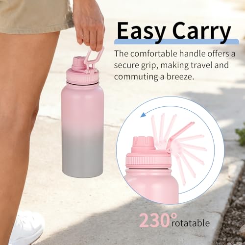 Gulex Water Bottle 32 oz Insulated Water Bottle - Large Capacity 32oz Stainless Steel Cup with Gradual Color, Leakproof, Carry Handle, 12H Hot/24H Cold (Pink&Grey) - Image 3