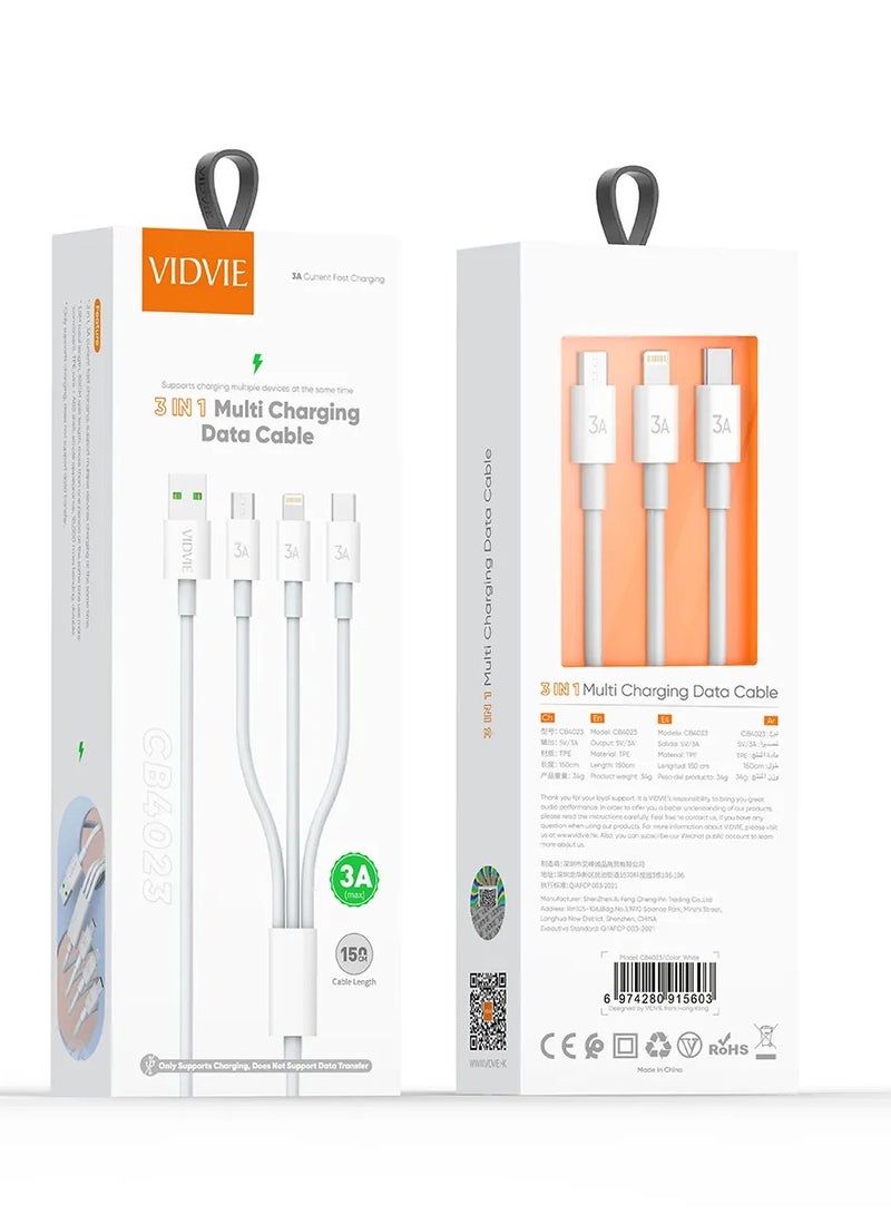 Vidvie 3 in 1 Multi Charging Data Cable, Micro,Type-c, Lightning, 3A Fast Charging Cable White - Image 5