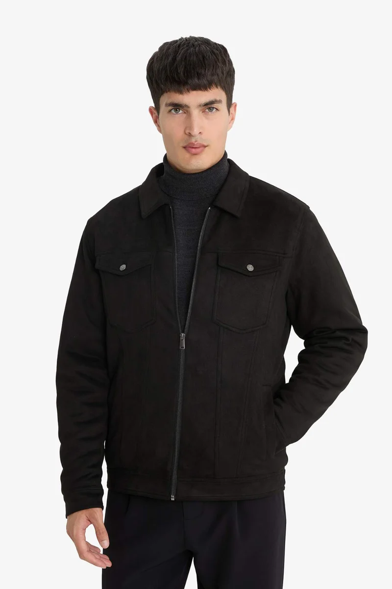 Defacto  Slim Fit Shirt Collar Zippered Suede Jacket for Men | Best Price UAE