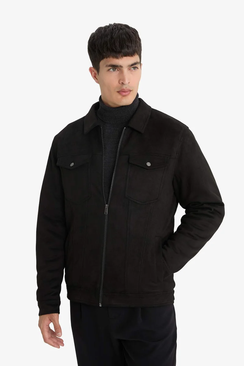 Defacto  Slim Fit Shirt Collar Zippered Suede Jacket for Men | Best Price UAE