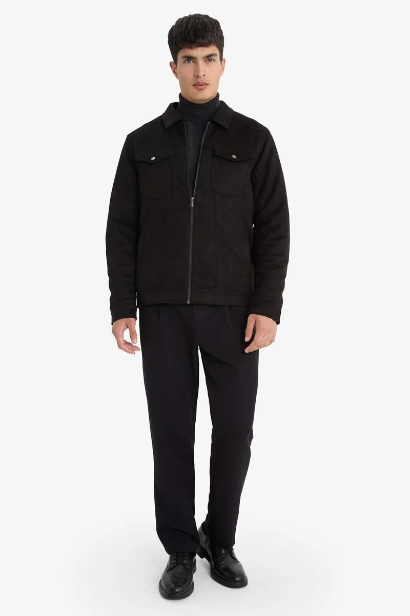 ديفاكتو Slim Fit Shirt Collar Zippered Suede Jacket