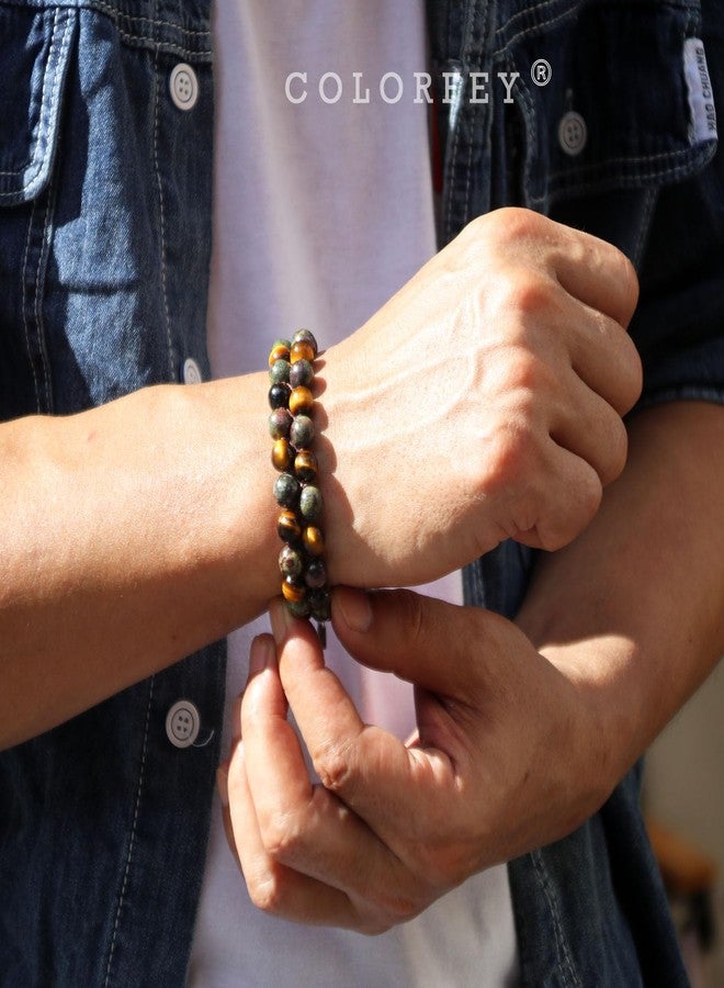 COLORFEY Authentic Tiger Eye Stone Bracelet for Men, Handmade Mens Bracelet Premium Tiger Eye Dragon Bloodstone Bead Bracelets Double Wrap, 7.5" Energy Tiger Eye Crystal Stone Jewelry for Men Women - Image 2