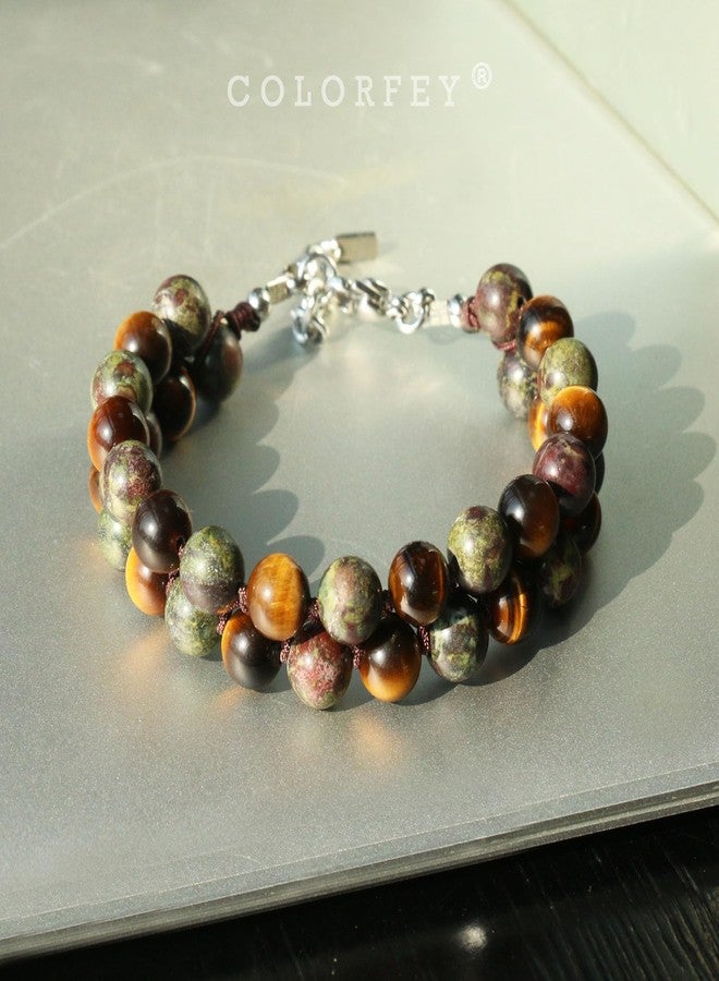 COLORFEY Authentic Tiger Eye Stone Bracelet for Men, Handmade Mens Bracelet Premium Tiger Eye Dragon Bloodstone Bead Bracelets Double Wrap, 7.5" Energy Tiger Eye Crystal Stone Jewelry for Men Women - Image 3