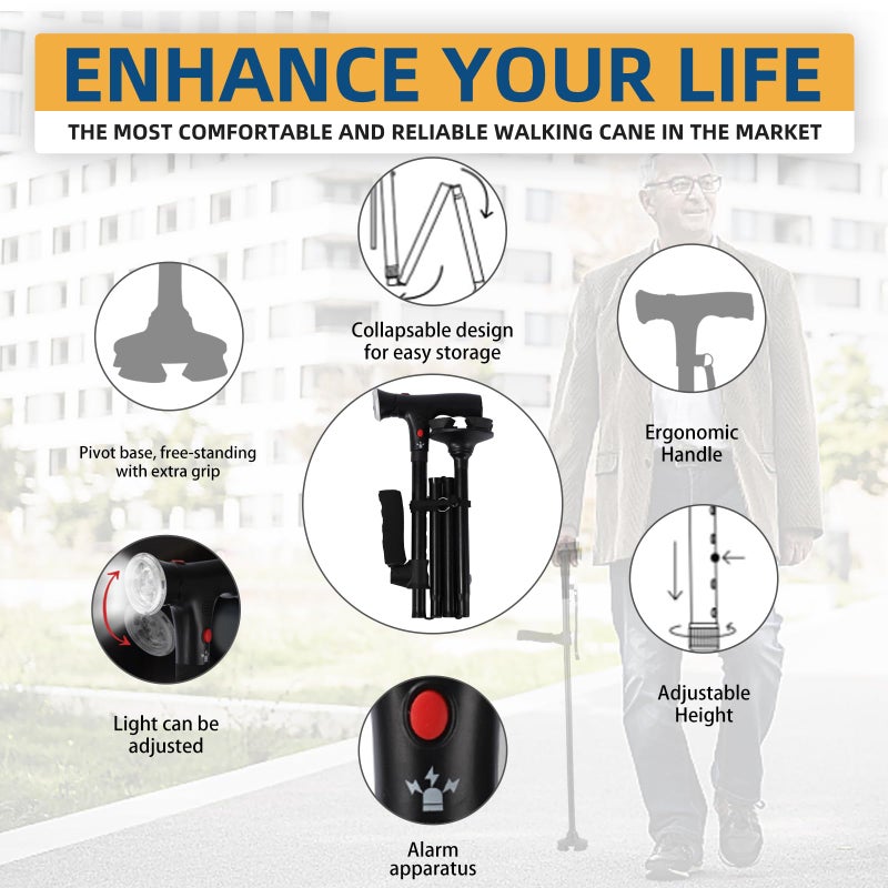 ZIYIZE Cane Hero Walking Cane, Ready Walker Cane with Light and Alarm, Smart Walking Cane for Women, Adjustable Suitable for Arthritis Disabled and Elderly, with Cushioned T Handle and Swivel Four Pedestal - Image 3