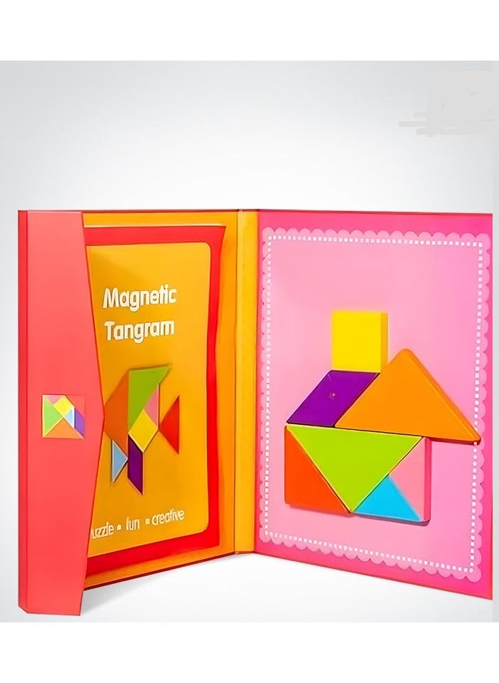 FUSIONPULSE Magnetic Wooden Tangram Puzzle Book Game for Kids, Educational and Early Development Tangram, Magnetic Block Book with 3D Puzzle Game STEM Education  - Image 1