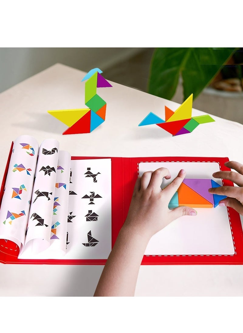 FUSIONPULSE Magnetic Wooden Tangram Puzzle Book Game for Kids, Educational and Early Development Tangram, Magnetic Block Book with 3D Puzzle Game STEM Education  - Image 3