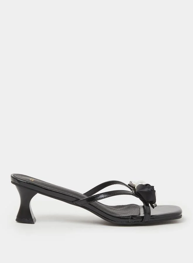 Styli Black Pearl-Embellished Kitten Heel Mules