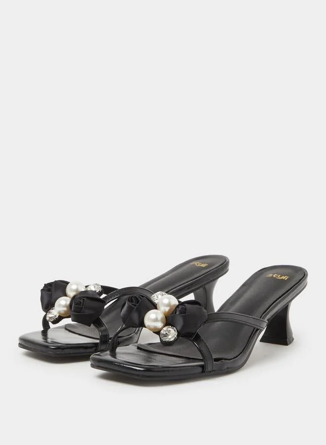 Styli Black Pearl-Embellished Kitten Heel Mules