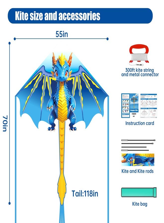 Flying Hoofer Cartoon Dragon Kite for Kids Ages 4-12, Easy to Fly for Beginners, Beach Kites with 300ft String, Great Kite for Boys and Girls (Blue) - Image 2