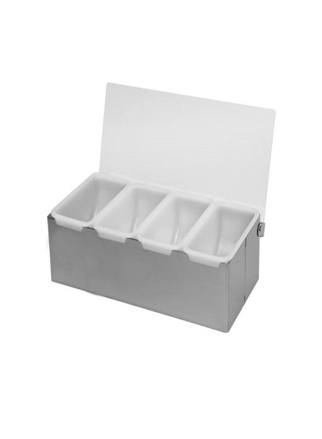 TrueCraftware 4 Compartment Condiment Dispenser Garnish Tray Bar Caddy Stainless Steel Body with Acrylic Hinged White Color Lid - Condiment Server Caddy Garnish Holder Bar Accessories Fruit Salad - Image 1