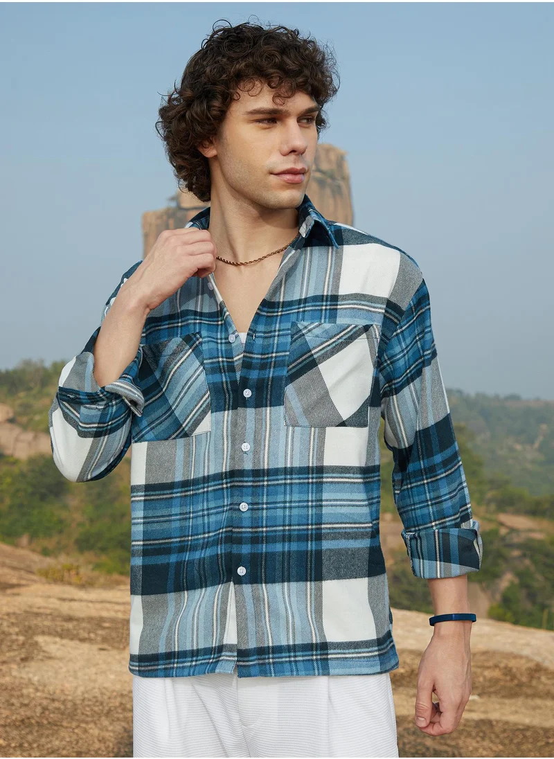 كامبوس سوترا Men's Azure Blue & Ash Grey Plaid Utility Oversized Shirt