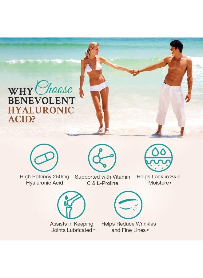 BENEVOLENT NOURISHMENT - Premium Hyaluronic Acid Supplements 250mg - With 200mg Vitamin C And 1000mg L Proline, Non-GMO 120 Capsules, Anti Aging, Promotes Youthful Healthy Skin, Supports Healthy Connective Tissue and Joints - Image 1
