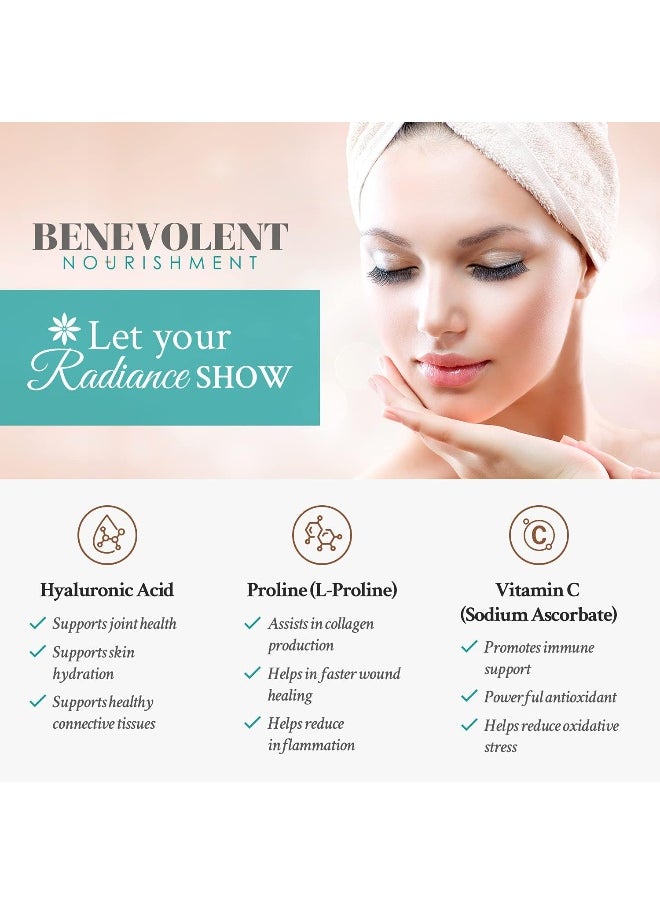 BENEVOLENT NOURISHMENT - Premium Hyaluronic Acid Supplements 250mg - With 200mg Vitamin C And 1000mg L Proline, Non-GMO 120 Capsules, Anti Aging, Promotes Youthful Healthy Skin, Supports Healthy Connective Tissue and Joints - Image 1
