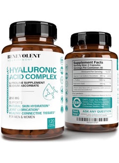 Premium Hyaluronic Acid Supplements 250mg - With 200mg Vitamin C And 1000mg L Proline, Non-GMO 120 Capsules, Anti Aging, Promotes Youthful Healthy Skin, Supports Healthy Connective Tissue and Joints