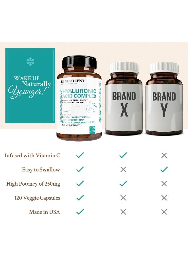 BENEVOLENT NOURISHMENT - Premium Hyaluronic Acid Supplements 250mg - With 200mg Vitamin C And 1000mg L Proline, Non-GMO 120 Capsules, Anti Aging, Promotes Youthful Healthy Skin, Supports Healthy Connective Tissue and Joints - Image 1