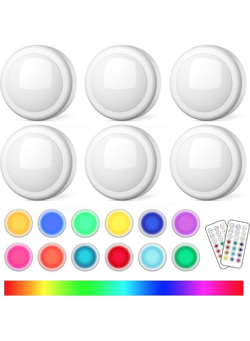 أضواء مع جهاز تحكم عن بعد، أضواء LED تعمل بالبطارية، ضوء دفع لاسلكي، 13 لون RGB - لخزانة الملابس، جدار غرفة النوم، تحت الخزانة، أضواء تعمل بالبطارية. ملصقات 3M مريحة، 6 عبوات. - Image 1