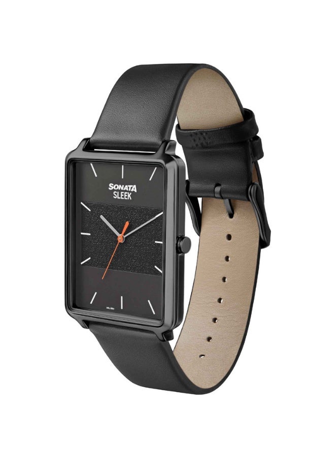 Sonata 7144NL01 Men’s Watch – Black Dial, Black Leather Strap, Quartz Movement - Image 1