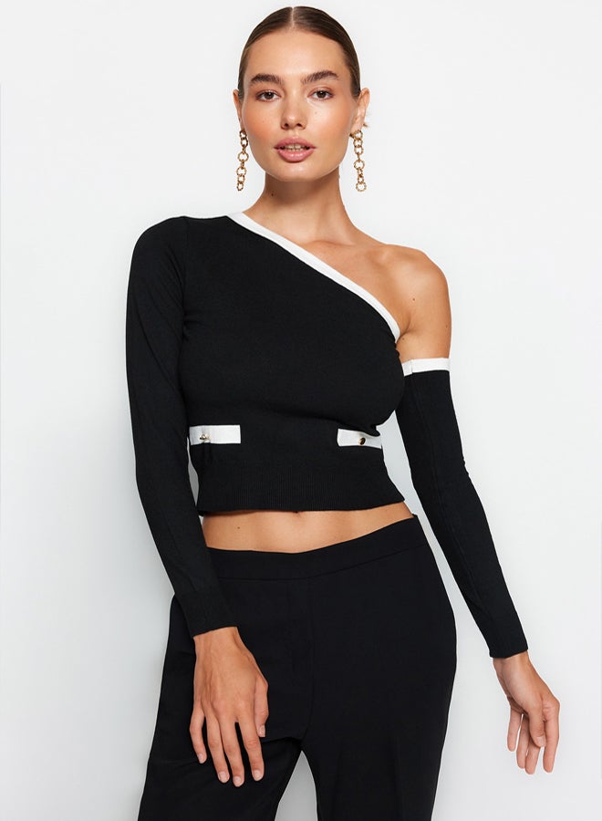 trendyol Black Mercerized Look Crop Sleeve Detachable Premium Yarn/Special Yarn Knitwear Sweater - Image 1