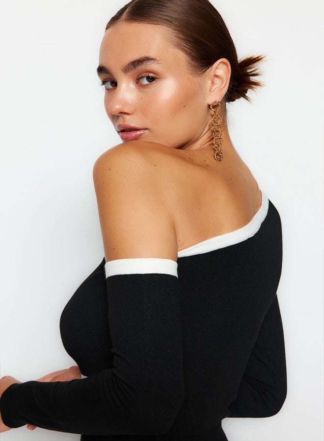 trendyol Black Mercerized Look Crop Sleeve Detachable Premium Yarn/Special Yarn Knitwear Sweater - Image 3