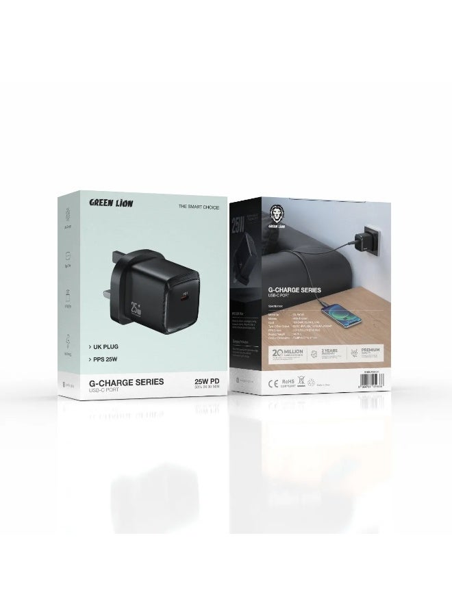 GREEN LION G-Charge Series USB C Port Wall Charger 25W PD / Fast Charging / UK Plug Type / Type-C Port - Black - Image 2