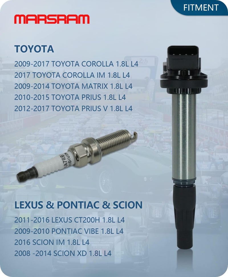 Marsram Ignition Coil Pack UF596 & Double Iridium Spark Plug 4912 for 2009 2010 2011 Toyota Corolla Matrix Prius 2012 2013 2014 2015 2017 Lexus Scion IM XD Pontiac Vibe 1.8L L4 UF619 90919-02258 - Image 2