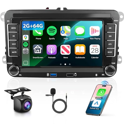 Podofo راديو سيارة 2G+64G لفولكس فاجن باسات جيتا تيغوان جولف MK5 MK6 T5 بولو مع أندرويد 13 وواي فاي كار بلاي/أندرويد أوتو، شاشة تعمل باللمس 7 إنش، منفذين USB، GPS، FM/RDS، SWC، بلوتوث وكاميرا خلفية HD - Image 1