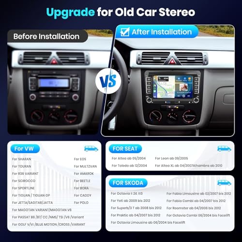 Podofo راديو سيارة 2G+64G لفولكس فاجن باسات جيتا تيغوان جولف MK5 MK6 T5 بولو مع أندرويد 13 وواي فاي كار بلاي/أندرويد أوتو، شاشة تعمل باللمس 7 إنش، منفذين USB، GPS، FM/RDS، SWC، بلوتوث وكاميرا خلفية HD - Image 2