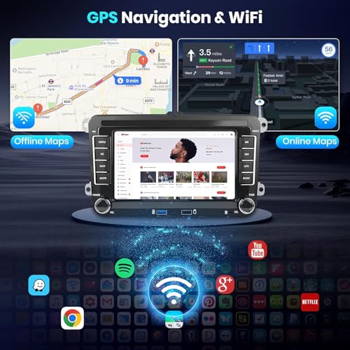 Podofo راديو سيارة 2G+64G لفولكس فاجن باسات جيتا تيغوان جولف MK5 MK6 T5 بولو مع أندرويد 13 وواي فاي كار بلاي/أندرويد أوتو، شاشة تعمل باللمس 7 إنش، منفذين USB، GPS، FM/RDS، SWC، بلوتوث وكاميرا خلفية HD - Image 5