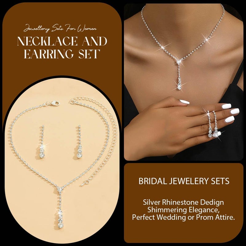 Unicra Silver Wedding Jewelry Sets Rhinestone Necklace Earrings Set Bridesmaid Prom Formal Costume Jewelry for Women and Brides - Image 3