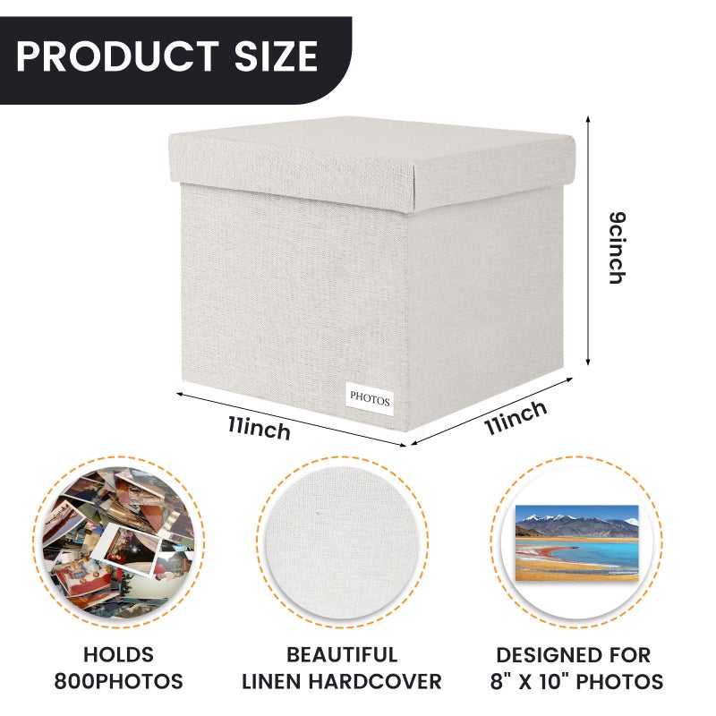 Himake Decorative Photo Storage Box - Linen Photo Box Organizers with Dividers, Fits Holds Up to 800 Photos in 8x10 inch Size, Portable Scrapbook Storage Containers with Lid (Beige) - Image 2