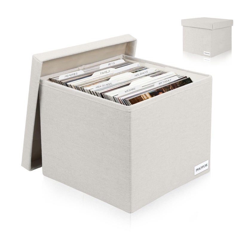 Himake Decorative Photo Storage Box - Linen Photo Box Organizers with Dividers, Fits Holds Up to 800 Photos in 8x10 inch Size, Portable Scrapbook Storage Containers with Lid (Beige) - Image 1