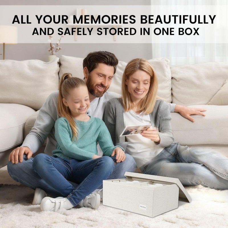 Himake Decorative Photo Storage Box - Linen Photo Box Organizers with Dividers, Fits Holds Up to 800 Photos in 8x10 inch Size, Portable Scrapbook Storage Containers with Lid (Beige) - Image 4