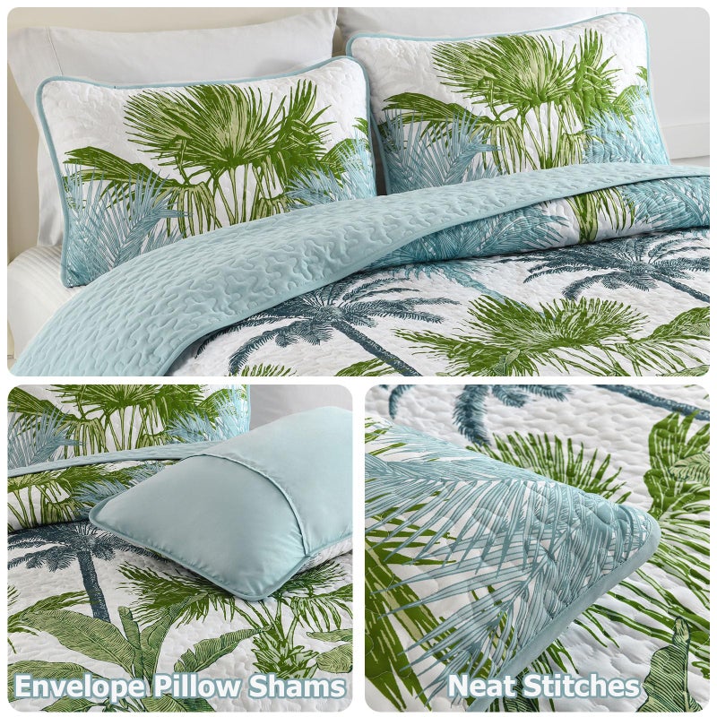Luxudecor Tropical Plants Quilt Set Queen Size 3 Pieces Green and Blue Palm Botanical Bedspread Rainforest Style Bedding Set Soft Lightweight Bed Cover All Season 96"x90" - Image 4