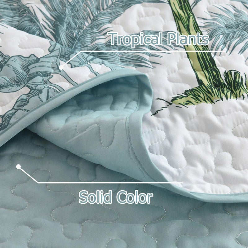 Luxudecor Tropical Plants Quilt Set Queen Size 3 Pieces Green and Blue Palm Botanical Bedspread Rainforest Style Bedding Set Soft Lightweight Bed Cover All Season 96"x90" - Image 5