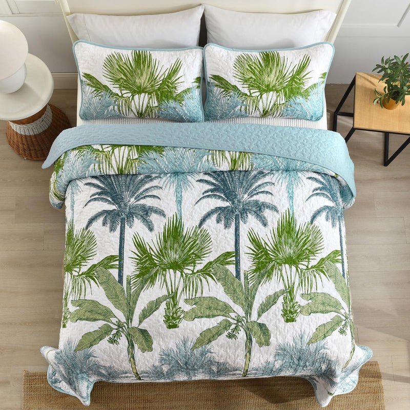 Luxudecor Tropical Plants Quilt Set Queen Size 3 Pieces Green and Blue Palm Botanical Bedspread Rainforest Style Bedding Set Soft Lightweight Bed Cover All Season 96"x90" - Image 2