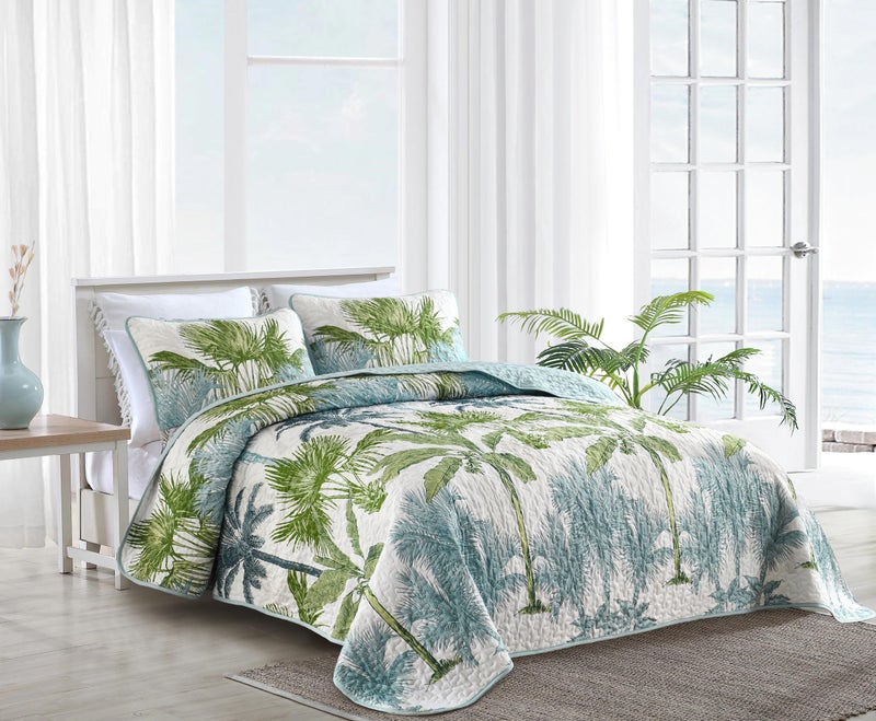 Luxudecor Tropical Plants Quilt Set Queen Size 3 Pieces Green and Blue Palm Botanical Bedspread Rainforest Style Bedding Set Soft Lightweight Bed Cover All Season 96"x90" - Image 3