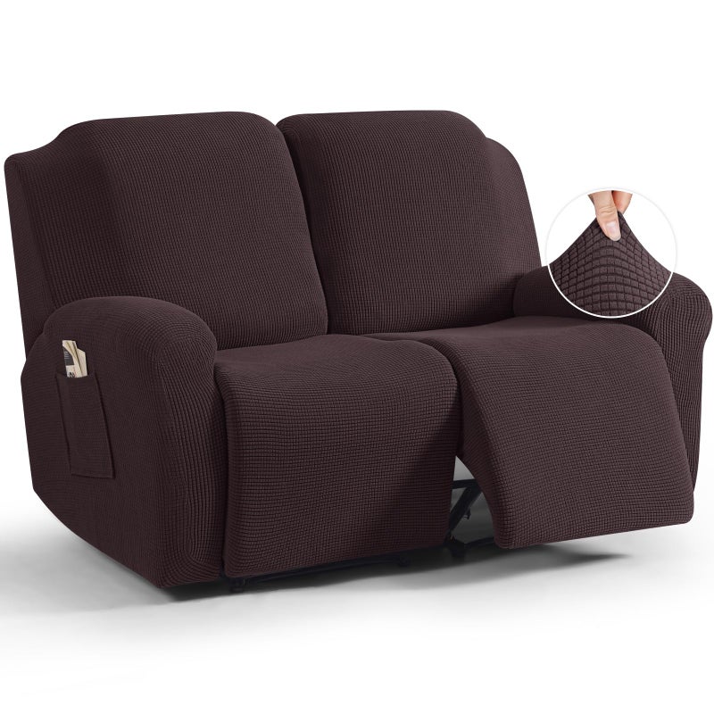 TAOCOCO Recliner Loveseat Slipcover 6 Pieces Dual Recliner Sofa Covers for 2 Seat Dual Reclining Loveseat Couch Stretch Soft Jacquard Pattern Furniture Protector with Elasticity Chocolate