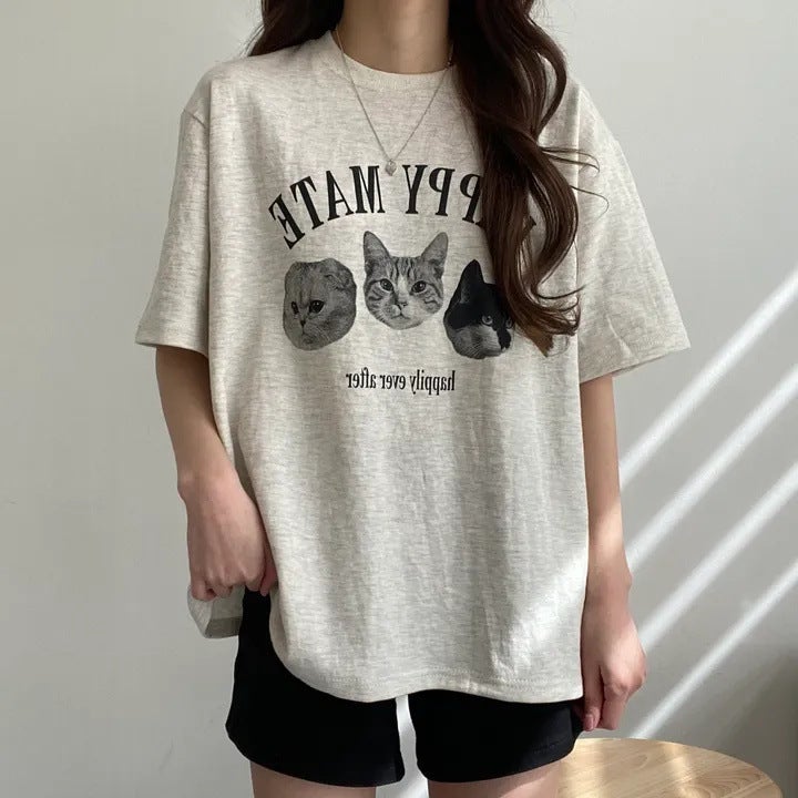 Manufacturer 100% Cotton T-Shirt Female Cute Japanese Cat Korean Style Short Sleeve Summer Design Sense Niche Online Red Top Clothes - Image 3