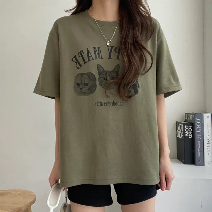 Manufacturer 100% Cotton T-Shirt Female Cute Japanese Cat Korean Style Short Sleeve Summer Design Sense Niche Online Red Top Clothes - Image 4