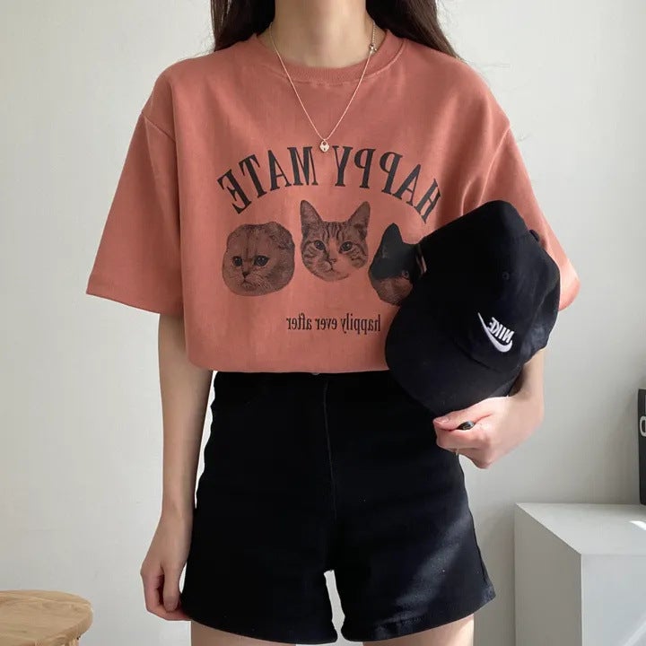 Manufacturer 100% Cotton T-Shirt Female Cute Japanese Cat Korean Style Short Sleeve Summer Design Sense Niche Online Red Top Clothes - Image 5