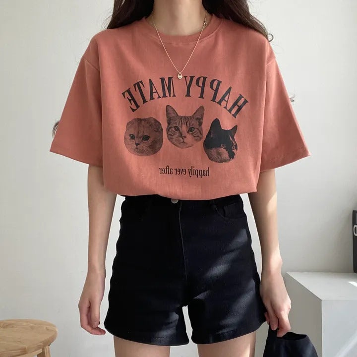 Manufacturer 100% Cotton T-Shirt Female Cute Japanese Cat Korean Style Short Sleeve Summer Design Sense Niche Online Red Top Clothes - Image 1
