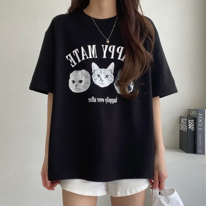 Manufacturer 100% Cotton T-Shirt Female Cute Japanese Cat Korean Style Short Sleeve Summer Design Sense Niche Online Red Top Clothes - Image 2
