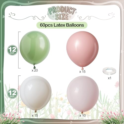 Paeyeq Sage Green Pink Balloons 60 Pcs 12 Inch Retro Dusty Pink Olive Green Balloons Blush Sand White Balloon for Girl Baby Shower Boho Wedding Bride Shower Birthday Baby in Bloom Party Decoration Supplies - Image 5