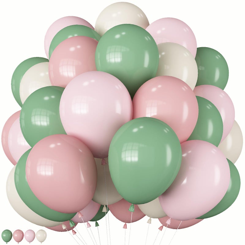 Paeyeq Sage Green Pink Balloons 60 Pcs 12 Inch Retro Dusty Pink Olive Green Balloons Blush Sand White Balloon for Girl Baby Shower Boho Wedding Bride Shower Birthday Baby in Bloom Party Decoration Supplies - Image 3